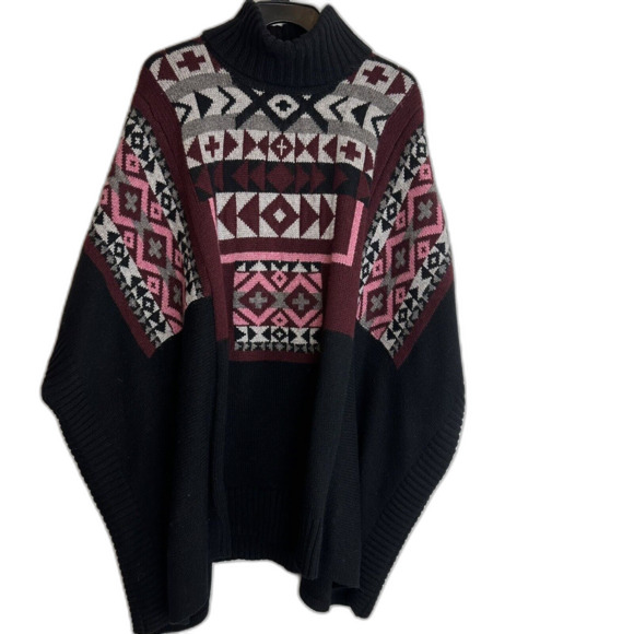 Cynthia Rowley Black Lambs Wool Blend Oversized Sweater Poncho M Aztec - Picture 1 of 10